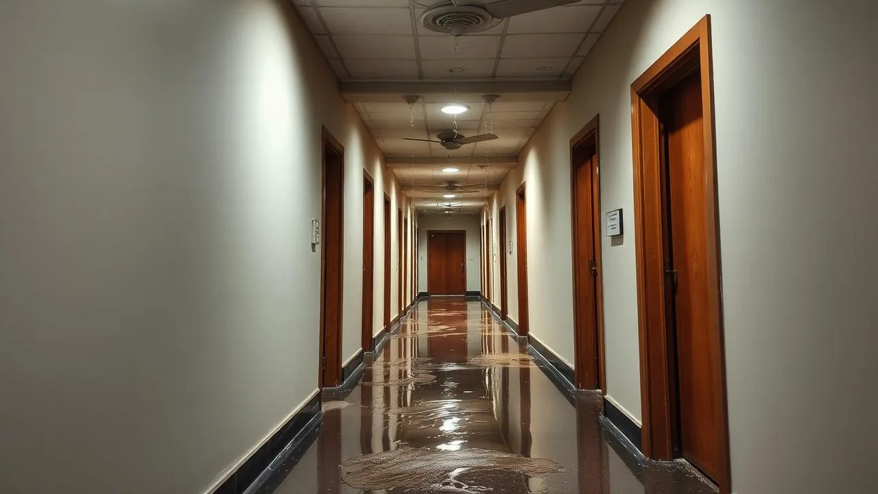 Apartment hallway with water damage on floor and ceiling