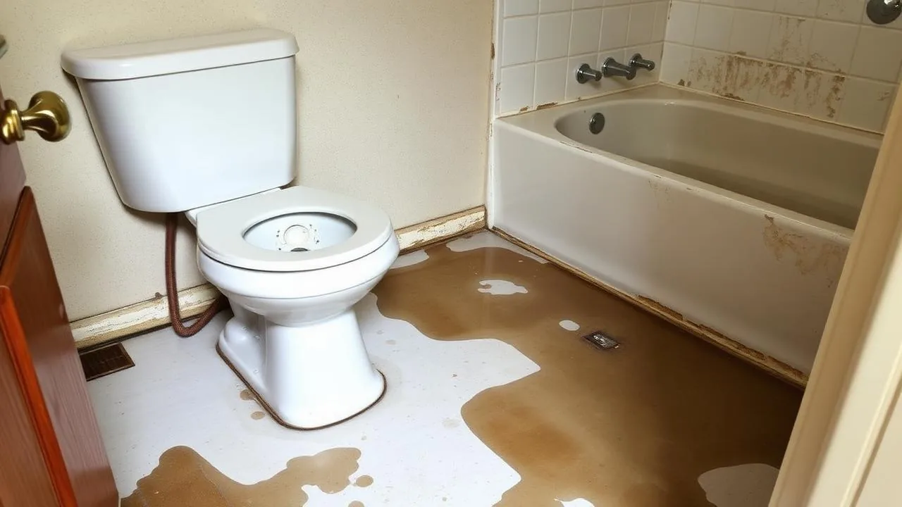 Bathroom with water damage on floor near toilet and bathtub in Houston home