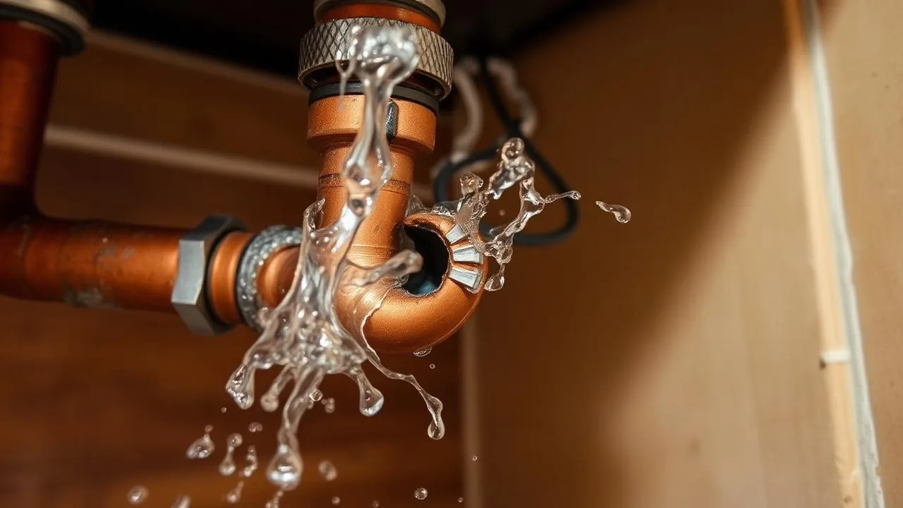 Burst copper pipe leaking water under kitchen sink
