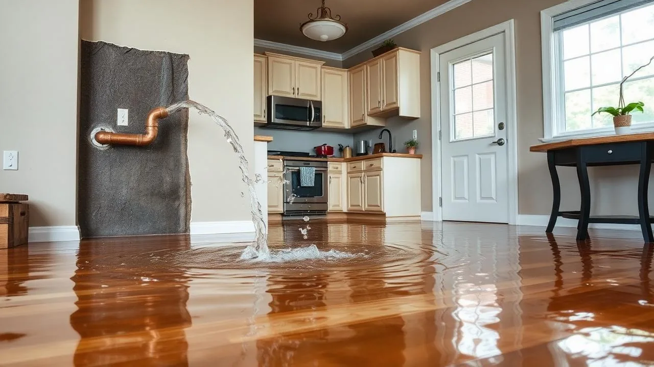 Busted pipe flooding a Houston home kitchen with water on floors