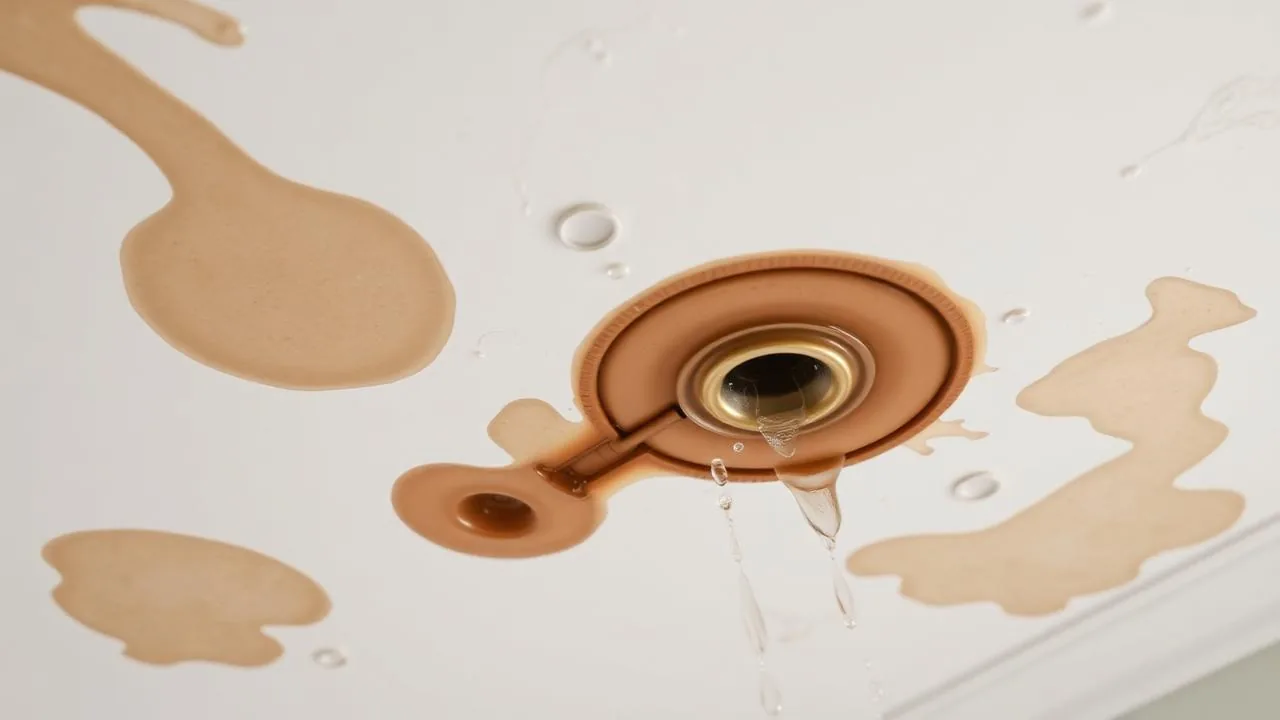 Water stained ceiling with brown rings and dripping water