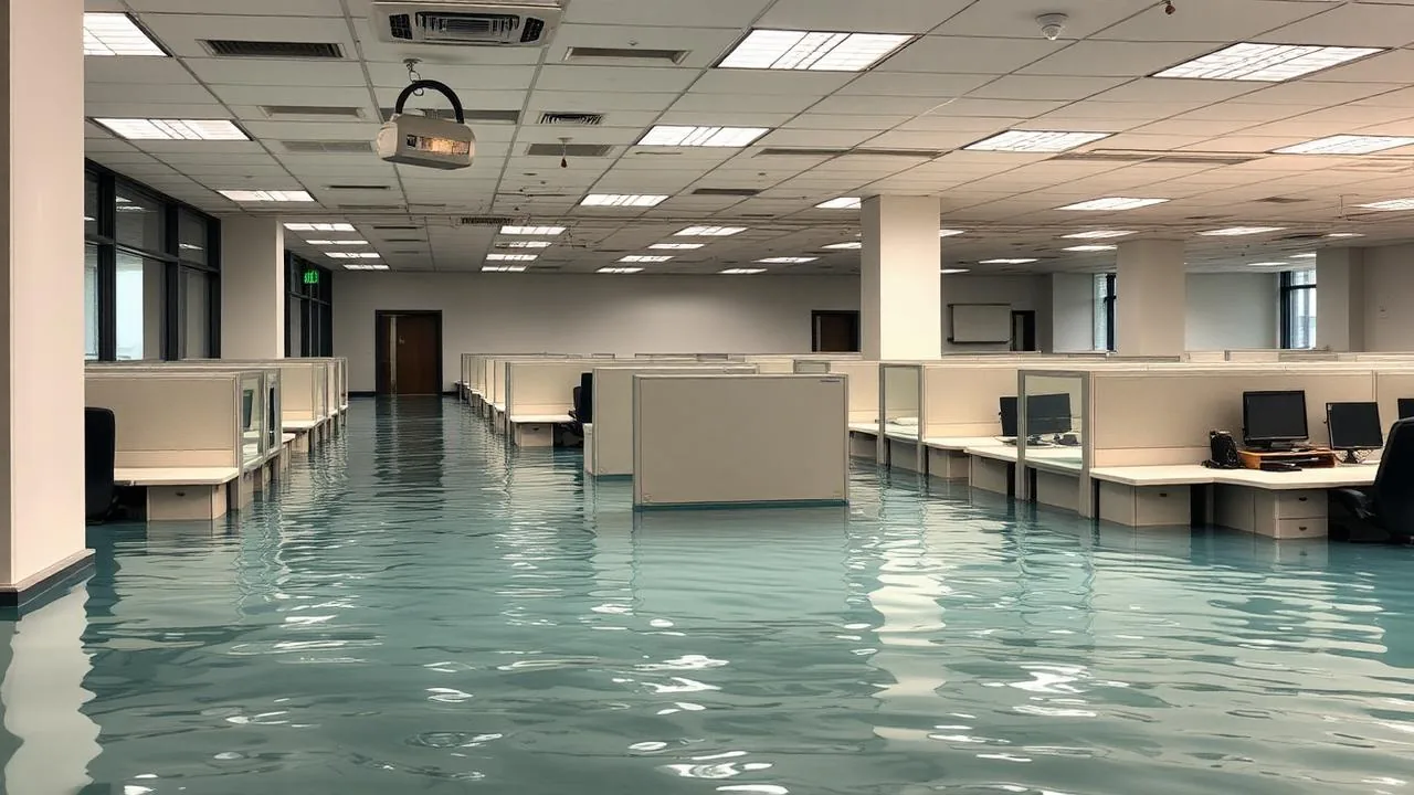 Commercial office building flooded with water