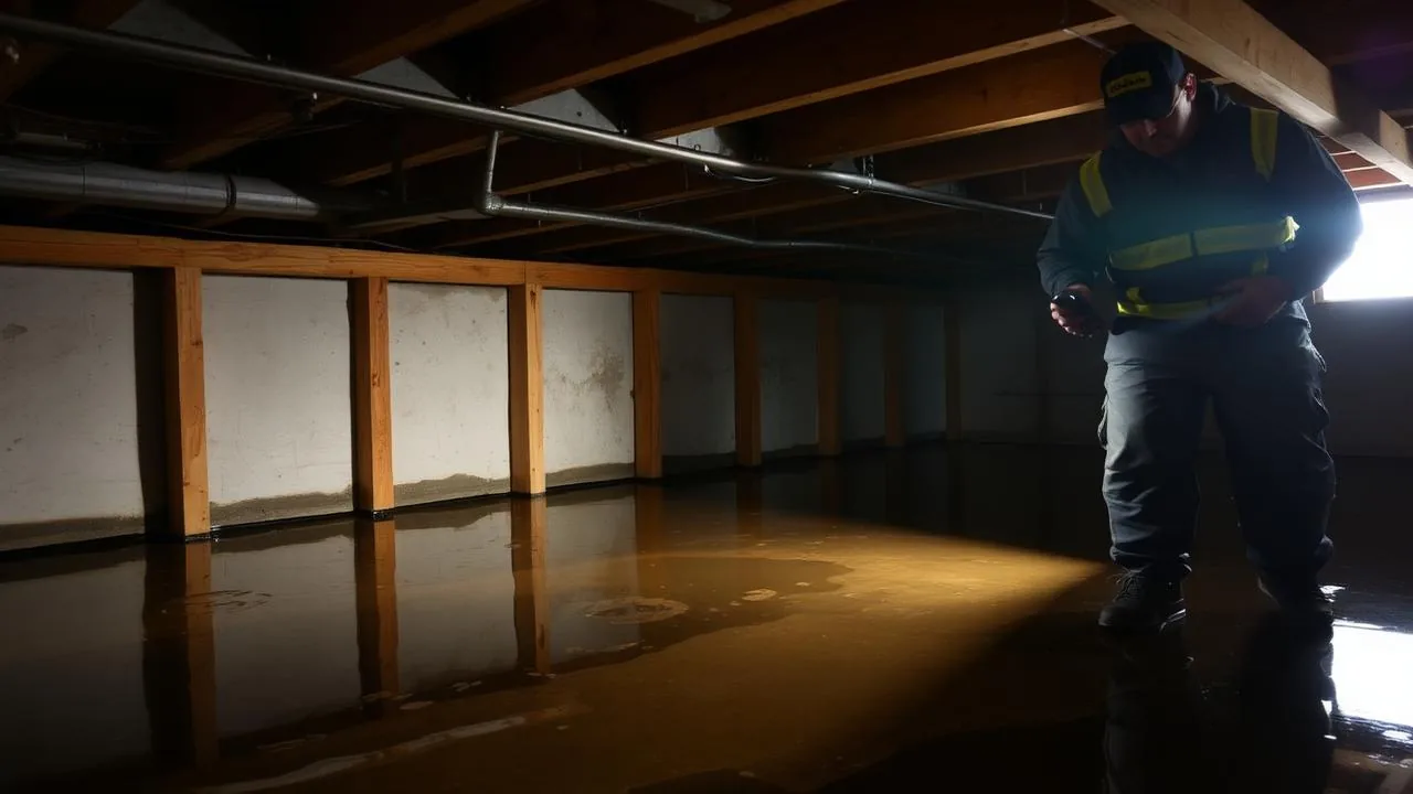 Crawl space under Houston home with standing water and moisture damage on wood framing