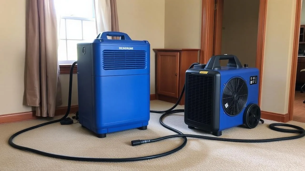 Industrial dehumidifier and air mover drying room after water damage