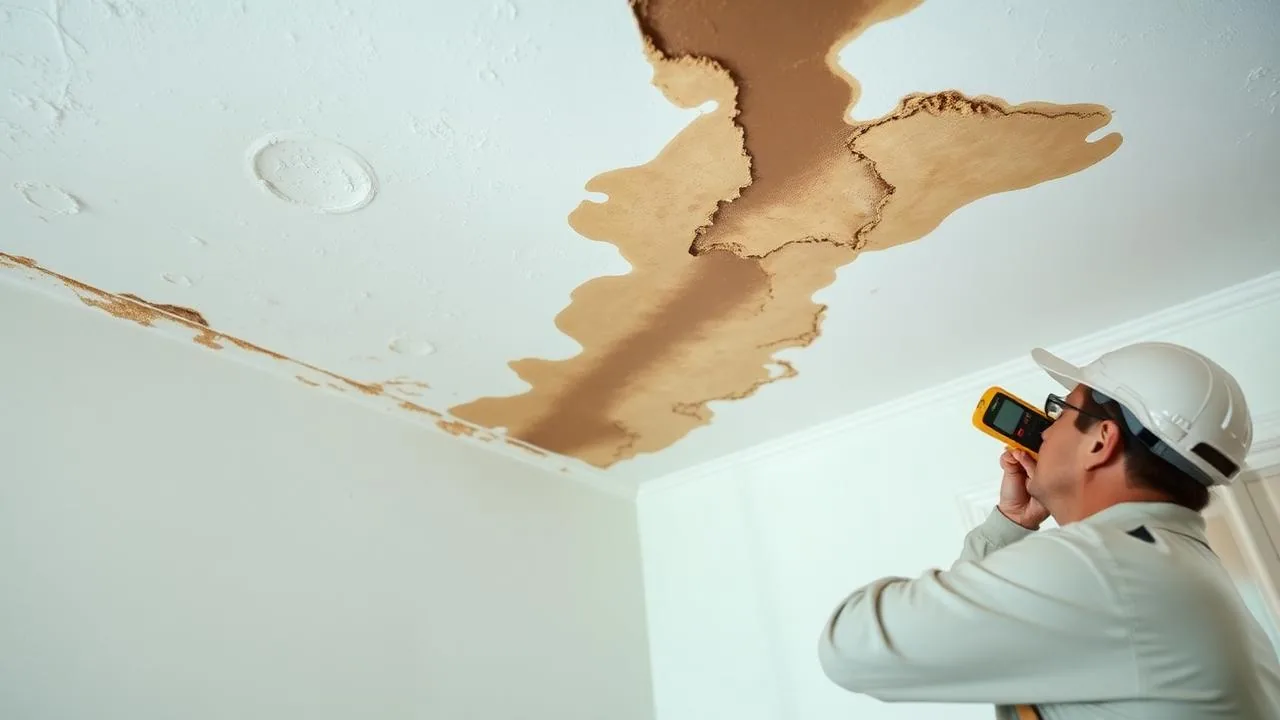 Water damaged drywall with stains and bubbling paint being inspected by restoration technician