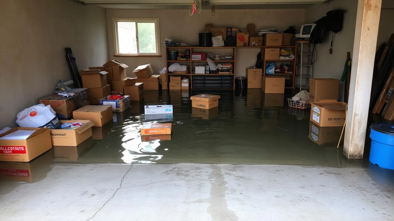 Flooded garage in Houston with standing water and damaged belongings