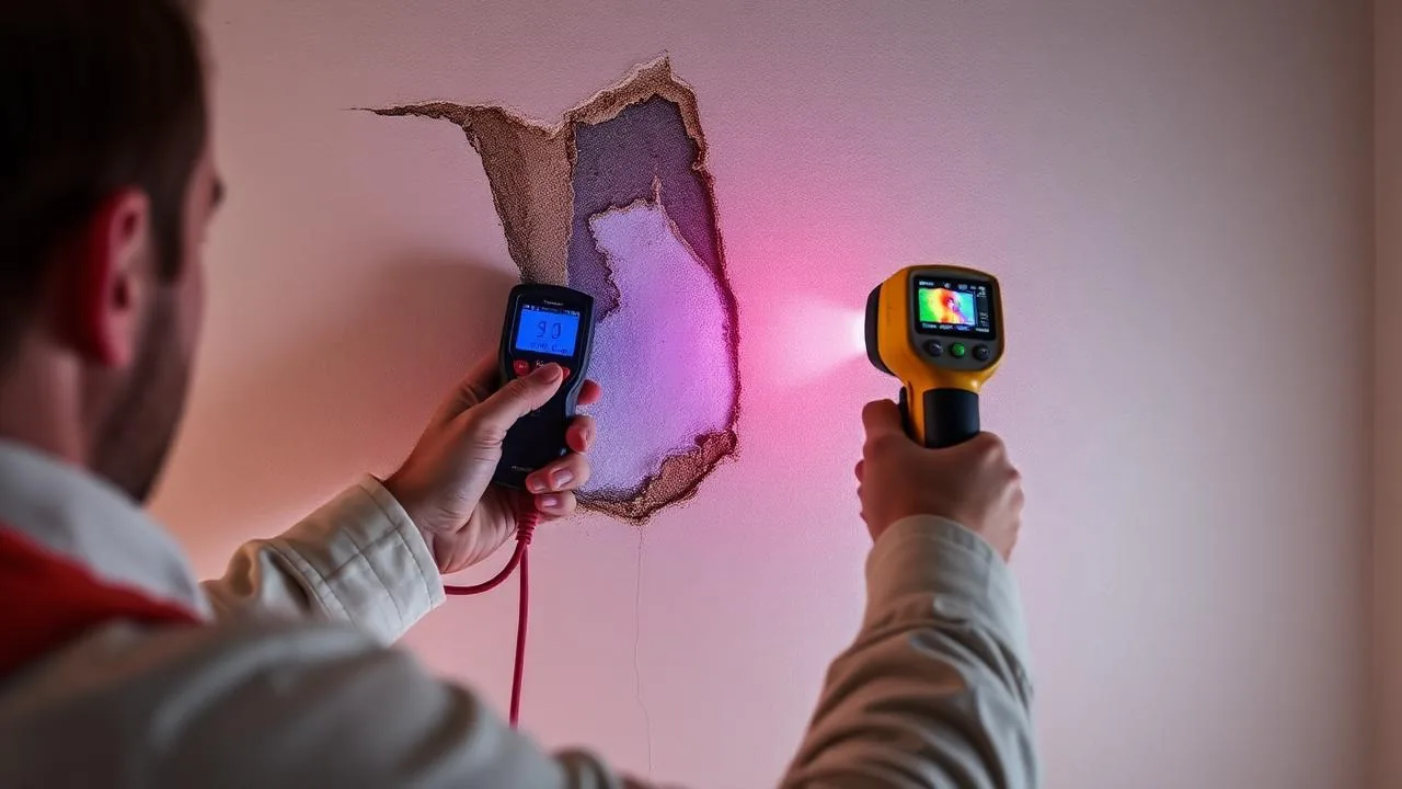 Professional using moisture meter to detect hidden water damage in wall