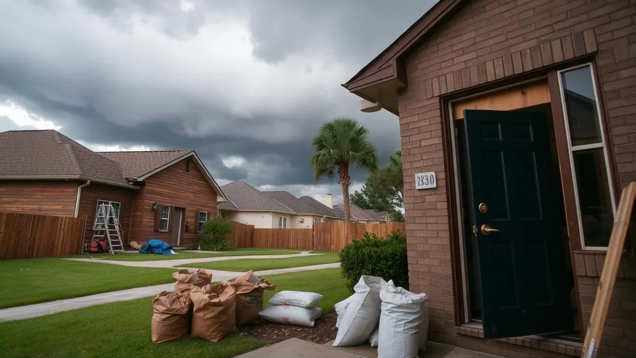 Houston home with sandbags and storm preparation