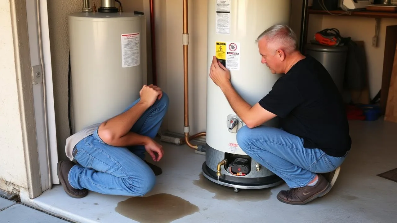 Homeowner inspecting water heater for leaks