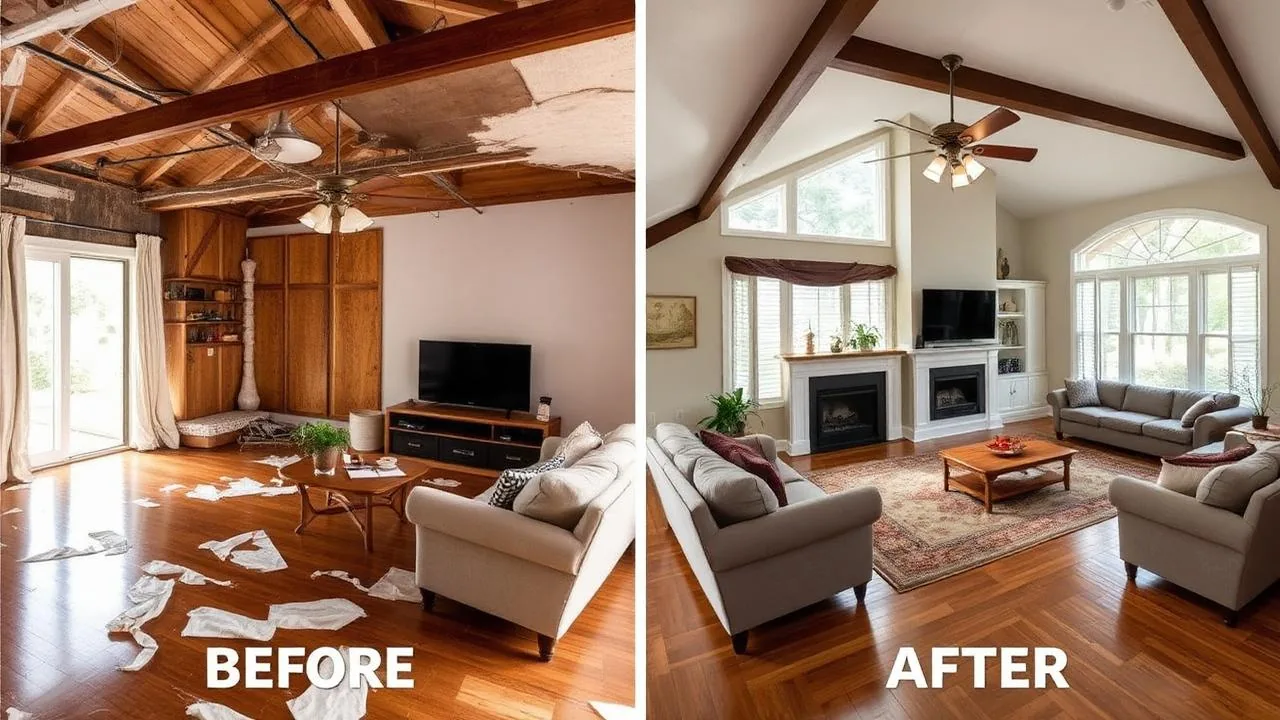 Before and after water damage restoration of a living room