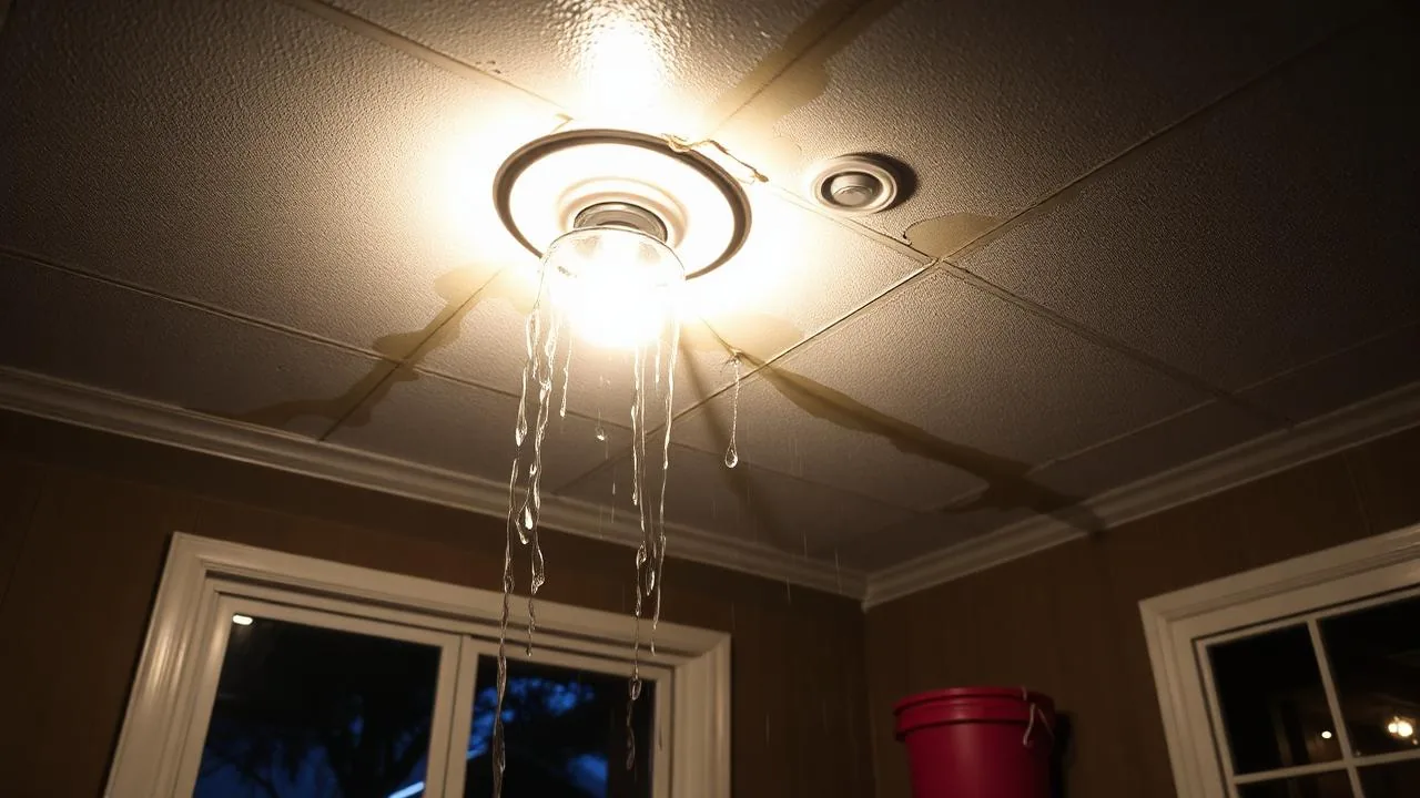 Roof leak causing water to drip through ceiling light fixture in Houston home