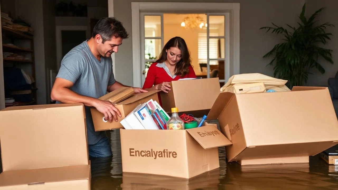 Couple packing belongings during water damage emergency