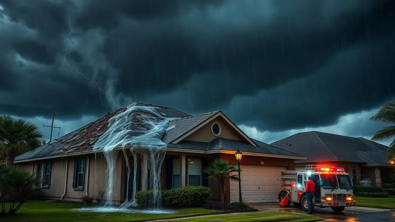 Storm damage to Houston home with emergency restoration crew arriving