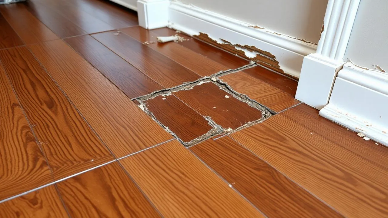 Water damaged hardwood floor showing buckling and warping