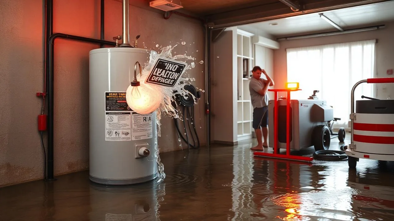 Burst water heater flooding Houston garage with emergency restoration equipment nearby
