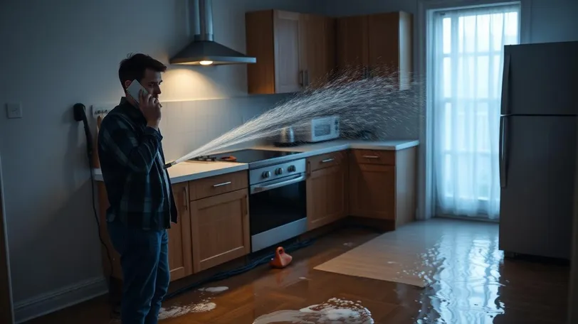 Homeowner calling for help during water emergency in kitchen